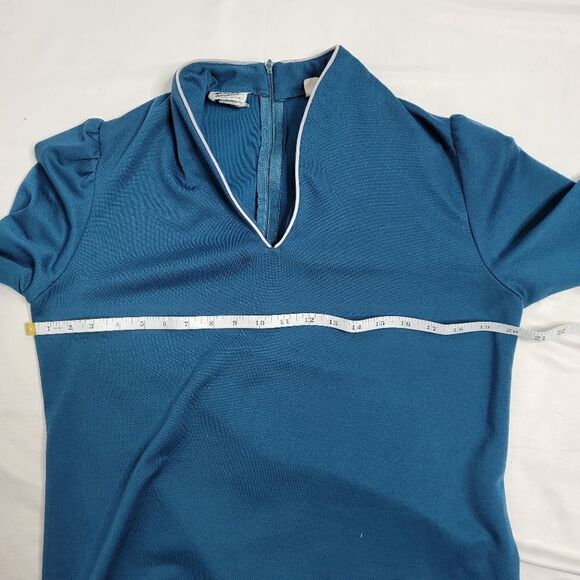 VINTAGE 70s dress teal v-neck long sleeve midi house M - Picture 14 of 15
